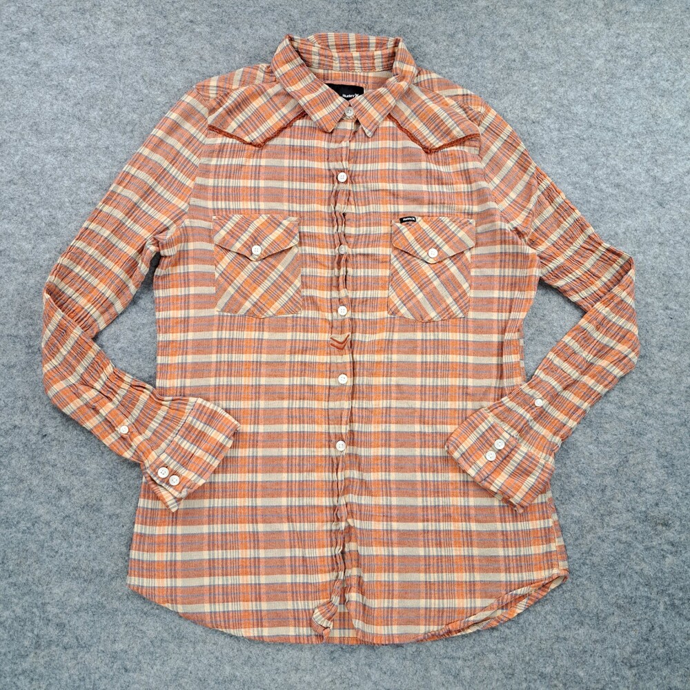 Hurley Shirt Womens Large Orange Plaid Button Long Sleeve Western Surfer Top